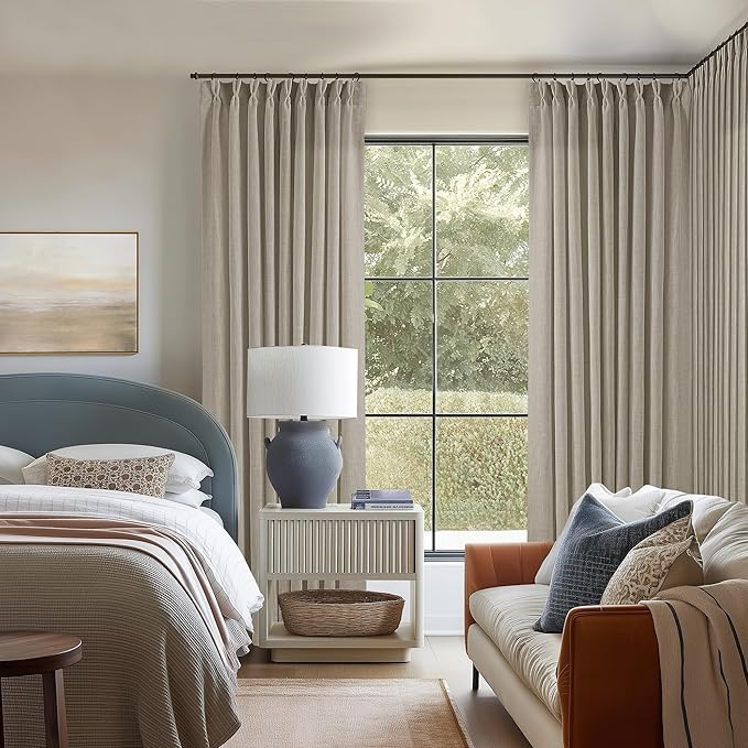 Pinch Pleated Linen 102 Inch Curtains 60 Inch Width for Living Room Divider Light Filtering Semi Sheer Burlywood Taupe Extra Wide Patio Curtains for Sliding Door Floor Ceiling Picture Window 60x102