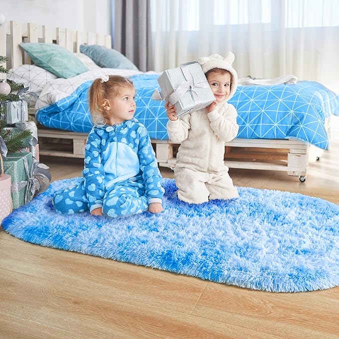 Noahas Oval Fluffy Blue Rainbow Rug 2.6X5.3 Small Kids Rugs for Bedroom Girls And Boys Aesthetic,Bedside Bedroom Rug,Ultra Soft Runner Carpet Modern Shaggy Nursery Area Rugs Home D飯r