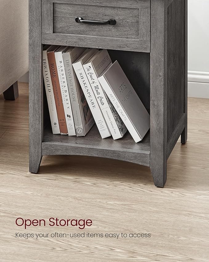 VASAGLE LIRY Collection - Farmhouse Nightstand with Charging Station, Bedside Table, Side Table with Drawer, Open Compartment, for Bedroom, Misty Gray ULET659G68