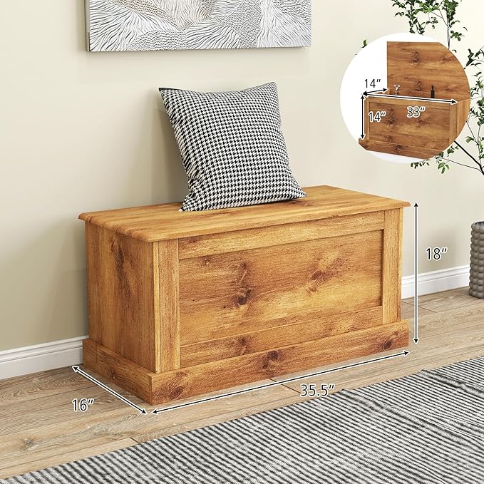 LOKO 35.5” Storage Chest, Lift Top Storage Box with Metal Hinges, Wooden Storage Bench with Safety Hydraulic Strut, Large Farmhouse Storage Trunk for Living Room, Bedroom, Entryway(Oak)