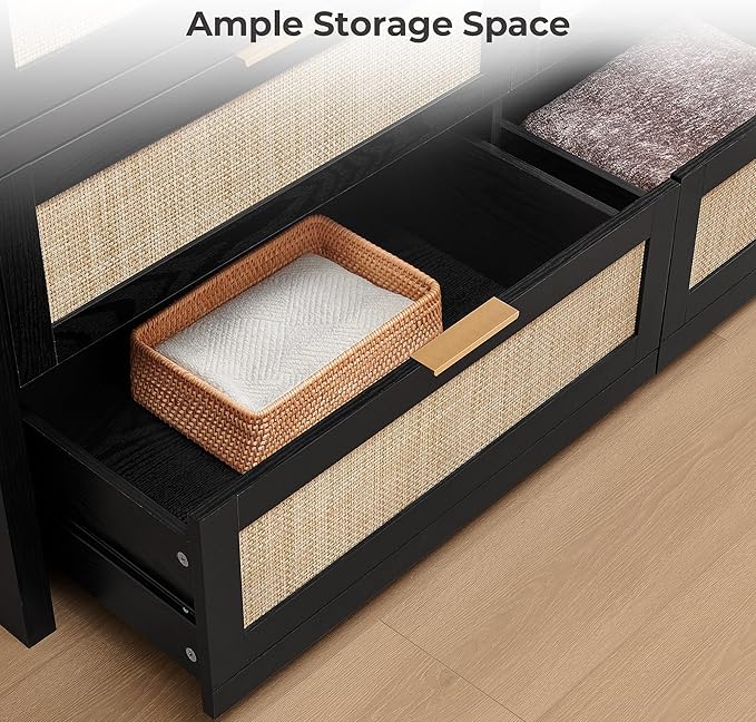 SICOTAS 7 Drawer Dressers for Bedroom Set 2, Long Rattan Dresser, Dresser TV Stand, Closet Organizer Chest of Drawers, Clothes Storage Dressers (Black Oak, 7 Drawers (2 pcs))
