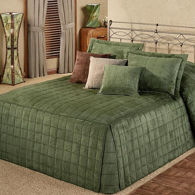 Touch of Class Camden Luxury Bedding | Warm Deep Sage Green Color | Grande Fitted Bedspread | Faux Suede Box Quilted Design | Designed 3 Piece Set Includes Cal King Bedspread and 2 King Shams