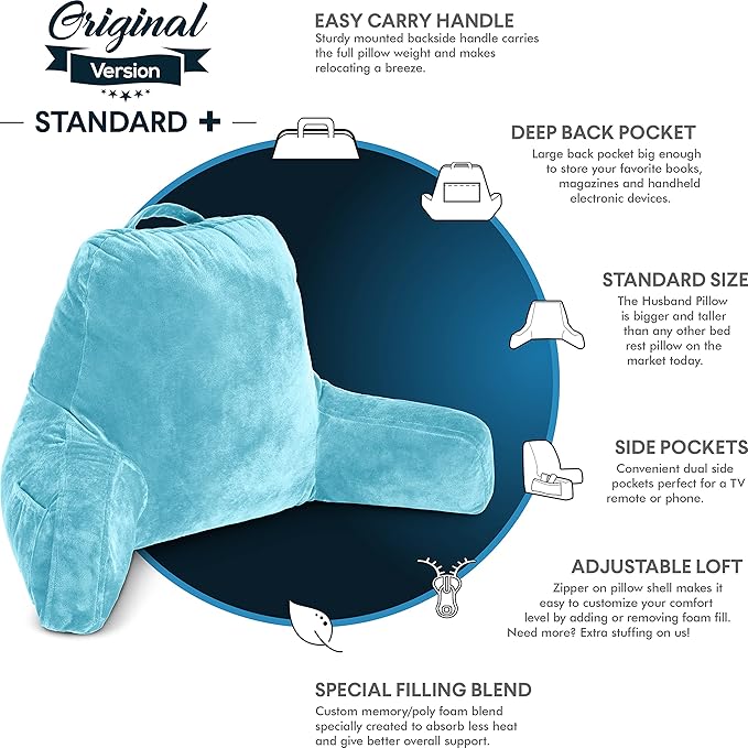 Husband Pillow Carolina Blue, Original Reading Pillow in Bed Rest Chair, Shredded Memory Foam Large Lounge Cushion Adult Backrest with Arms, Comfy Back Support, Sit Sitting Up, Wash/Removable Cover