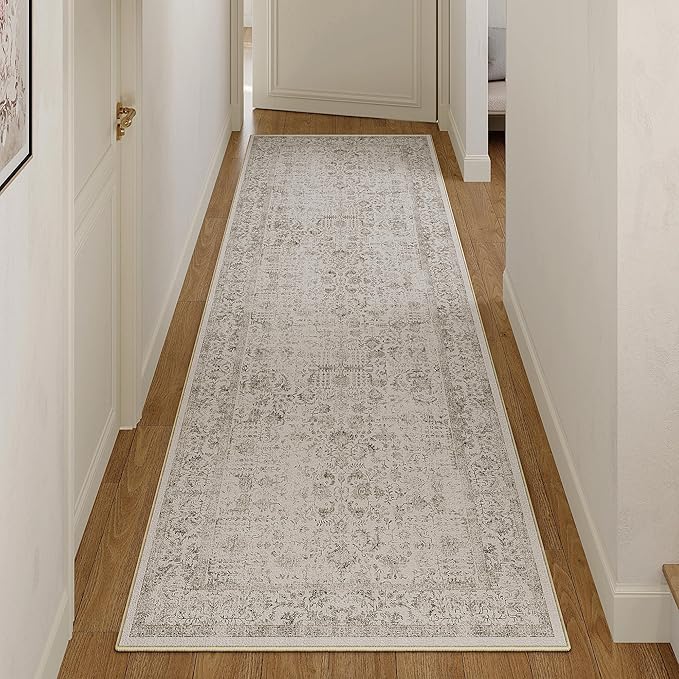Gray Runner Rug 3x7 Hallway Machine Washable Kitchen Vintage Distressed Non Slip Long Carpet Indoor Grey Retro Floral Bedroom Accent Throw Rug for Bathroom Office Laundry Dining Living Room