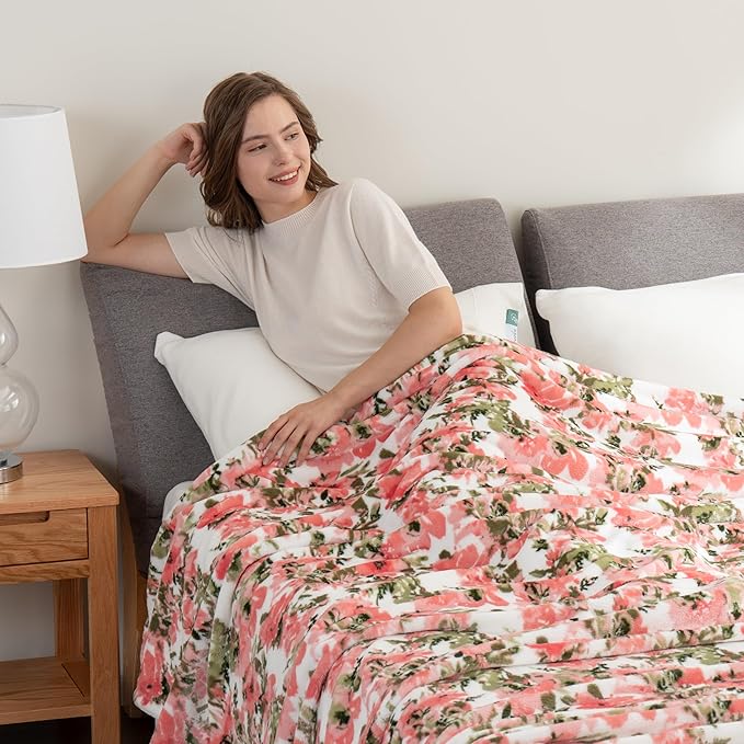 Berkshire Blanket-Classic Heavyweight Soft Printed VelvetLoft® Plush Blanket, Full/Queen Size Soft Fuzzy Warm Blanket for Couch Sofa Bed, Abstraction Pink Green, 90in x 90in