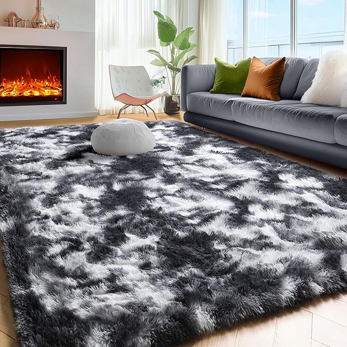 PAGISOFE Black White Grey Area Rugs for Living Room Bedroom Aesthetic, 8x10 Rug, Shag Fuzzy Fluffy Rug for Kids Room, Playroom, Classroom Dorm, Shaggy Soft Carpet, Plush Bedside Rugs, Modern Cool Rugs