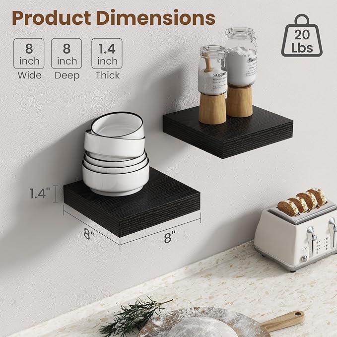 Axeman Square Floating Shelves for Wall, 8" W x 8" D x 1.4" H Rustic Wooden Wall Shelves, 4 Pack Wall Mounted Floating Shelf with Invisible Brackets for Living Room, Bathroom, Kitchen, Black Color