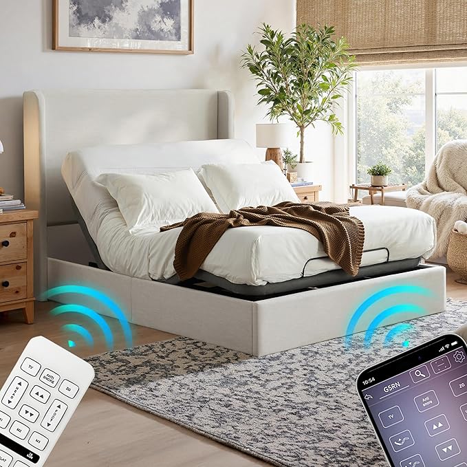 Queen All-in-One Adjustable Bed Frame with Upholstered Wingback Headboard, Head and Foot Incline, Zero Gravity, Massage, App and Wireless Remote, No-Noise, Minimalist, Textured Ivory Canvas