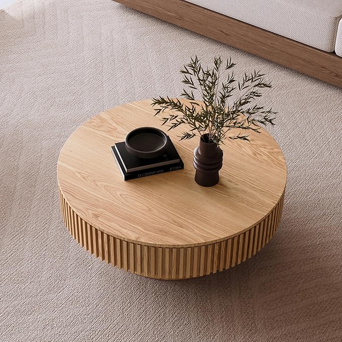 LKTART Round Coffee Table for Living Room, Accent Fluted Drum Coffee Table with Storage, Modern Solid Wood Veneered Circle Center Tea Table for Small Space Apartment (39.4''D×14''H-Natural)