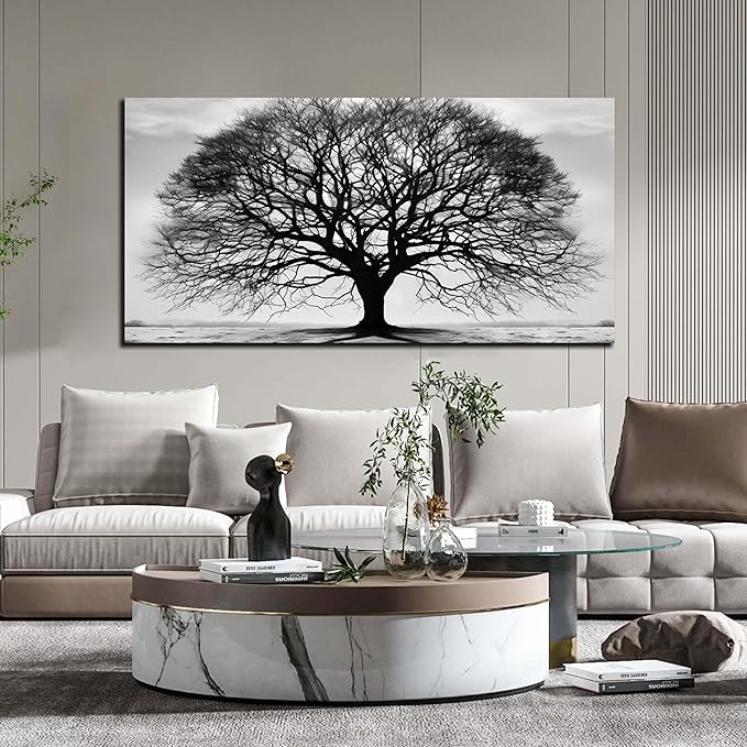 Prepeyssee Tree of Life Wall Art Large Artwork Black and White Wall Art Modern Landscape Nature Canvas Prints Decor for Living Room Bedroom Office Ready to Hang 24"x48"