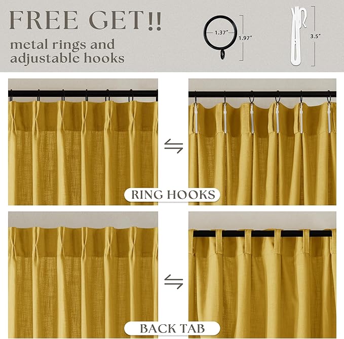 Pleated Linen Curtains 96 Inches Long for Living Room 2 Panel Set Semi Sheer Light Filtering Pinch Pleat with Rings Hooks Drapes Spring Farmhouse Rustic Mustard Yellow Gold Curtain Bedroom Window