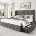 LARMACE Queen Size Platform Bed Frame with 4 Storage Drawers and Tufted Headboard Linen Upholstered Bed Wingback Bed Frame with Wooden Slats Support, Easy Assembly, Light Grey