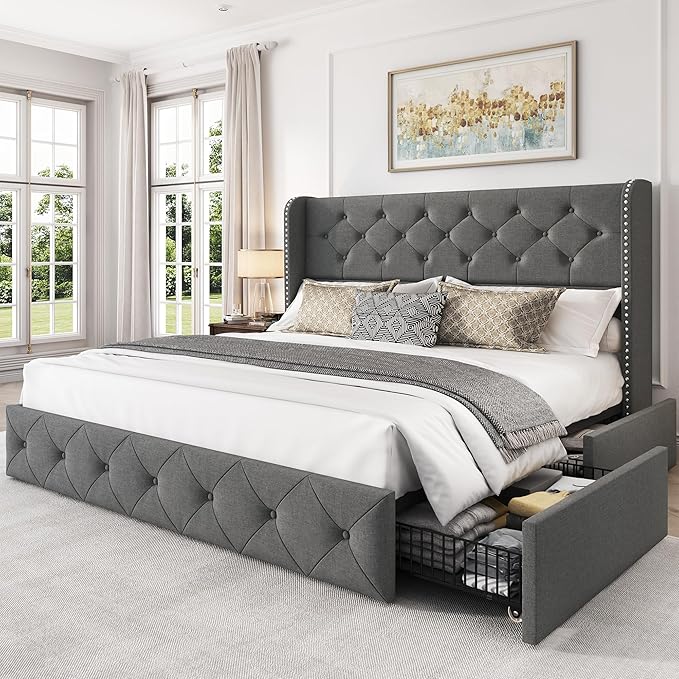 LARMACE Queen Size Platform Bed Frame with 4 Storage Drawers and Tufted Headboard Linen Upholstered Bed Wingback Bed Frame with Wooden Slats Support, Easy Assembly, Light Grey