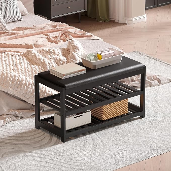 Shoe Bench Entryway, 100% Solid Solid Wood Shoe Rack Bench with Storage and Cushion Padded Seat, 3-Tier Shoe Organizer for Hallway Living Room, Mudrooms, Black