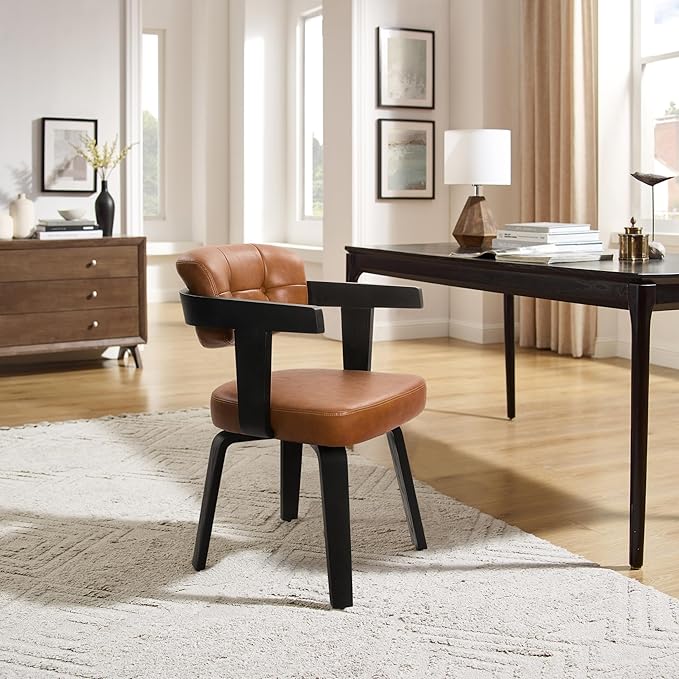 Art Leon Desk Chair No Wheels - Modern Faux Leather Office Chair Mid Century Swivel Desk Chair, Comfy Accent Armchair with Wooden Legs for Small Spaces Home Office Living Room Bedroom Study, Brown