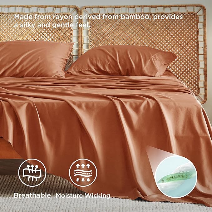Bedsure California King Sheet Sets, Cooling Sheets, Rayon Derived from Bamboo, Breathable & Soft, Deep Pocket Up to 16 Inches, Hotel Luxury Silky Bedding for Hot Sleepers, Burnt Orange