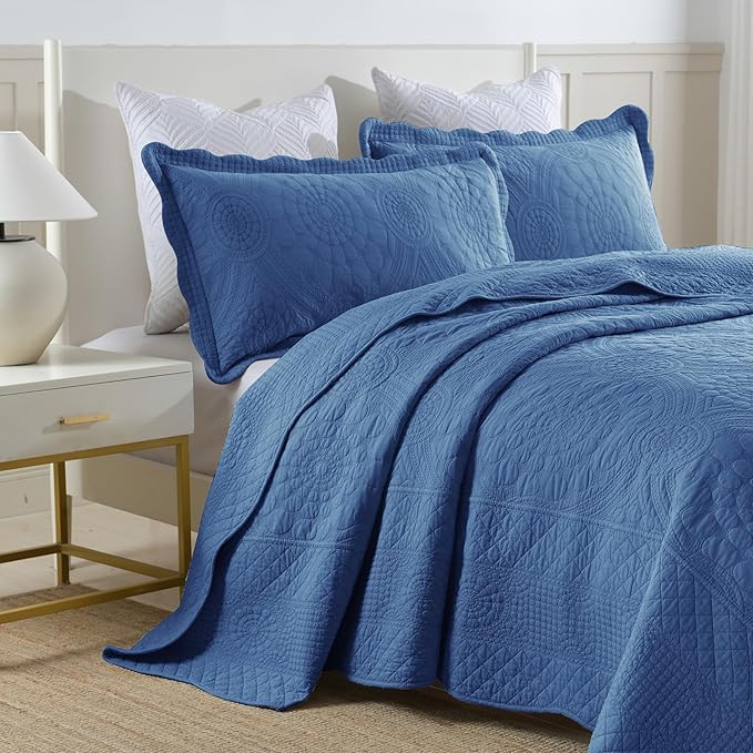 MarCielo 3-Piece 100% Cotton Oversized Bedspread Lightweight Quilt Coverlet Embroidery Farmhouse Bedding Set (Tf Midtone Blue, Oversized Queen (100"x106"))