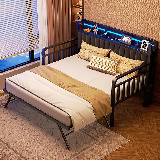 Daybed with Trundle and LED Light, Heavy Duty Metal Twin Bed Frame with Upholstered Storage Headboard & Charging Station, Day Bed Pop Up Trundle Bed Twin for Living Room,Bedroom and Guest Room, Black