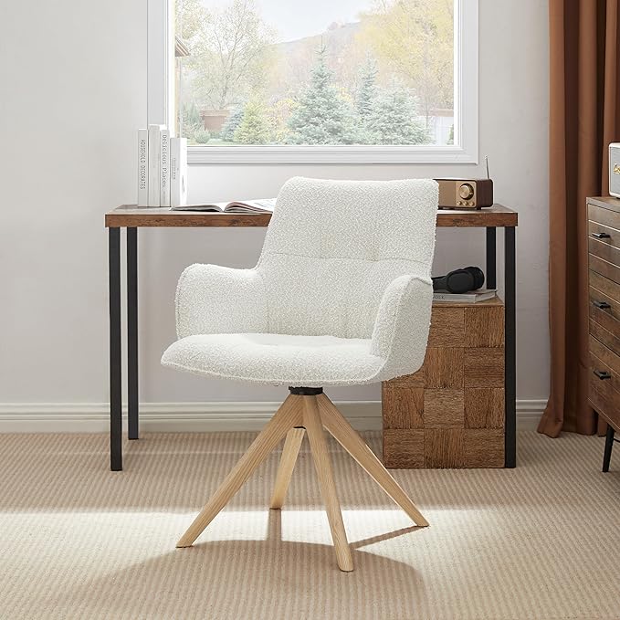 Art Leon Mid Century Swivel Chair - Boucle Fabric Upholstered Desk Chair No Wheels, Accent Armchair with Oak Wood Legs for Small Space Living Room Bedroom, Set of 2, Off White