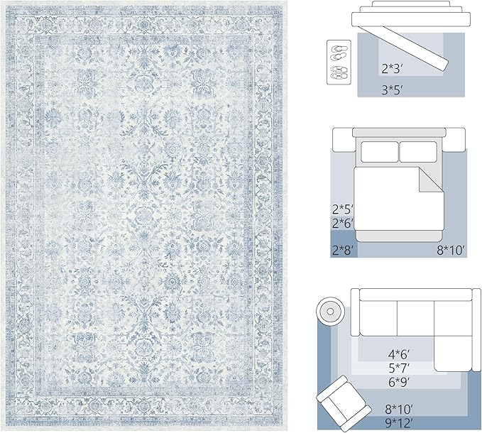 FMFUNCTEX 5x7 Washable Area Rug Blue Neutral Vintage Non Slip Low Pile Traditional Indoor Carpet for Living Room Bedroom Soft Retro Floral Mat Throw Rug for Dining Office Kitchen Dorm Entryway