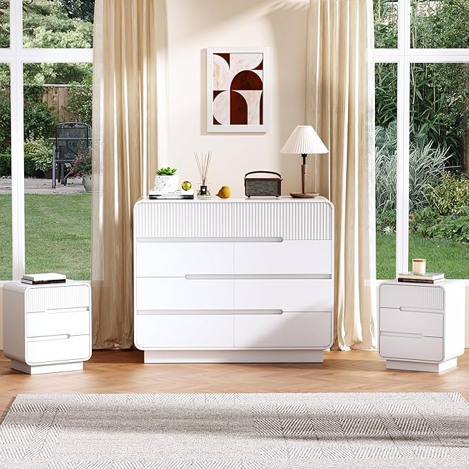 8 Drawer Dresser and 2 Nightstand Sets for Bedroom 3 Pcs Bedroom Set, Modern 39.4" Fluted Dresser with Invisible Handles Nightstand Charging Station, Bedroom Furniture Set for Living Room, White