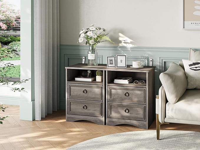 Set of 2 Nightstand with 2 Drawers, 18"W Night Stand with Drawers for Bedroom, Large Accent Bed Side Table and End Table with Open Compartment-Easy Pull Handle, Textured Border for Living Room,Gray