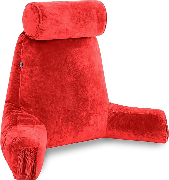 Husband Pillow Medium Red, Backrest for Kids, Teens, Petite Adults - Reading Pillows with Arms, Adjustable Loft, Plush Memory Foam, Bed Rest Chair for Sitting Up, Detach Neck Roll, Removable Cover