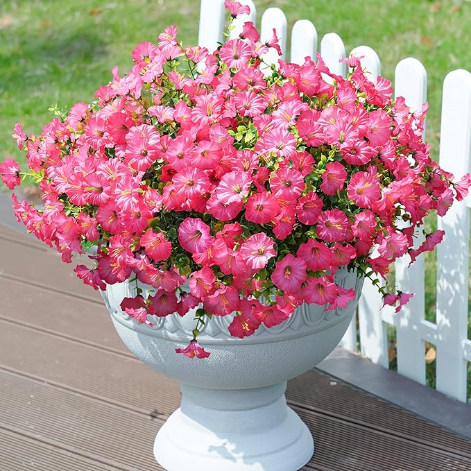 Artificial Flowers Fake Plants for Outdoors Decoration, 12 Bundles Pink Silk Morning Glory with Eucalyptus Realistic UV Resistant Faux Flowers Greenery for Outside Planter Yard Garden Home Indoor Urn