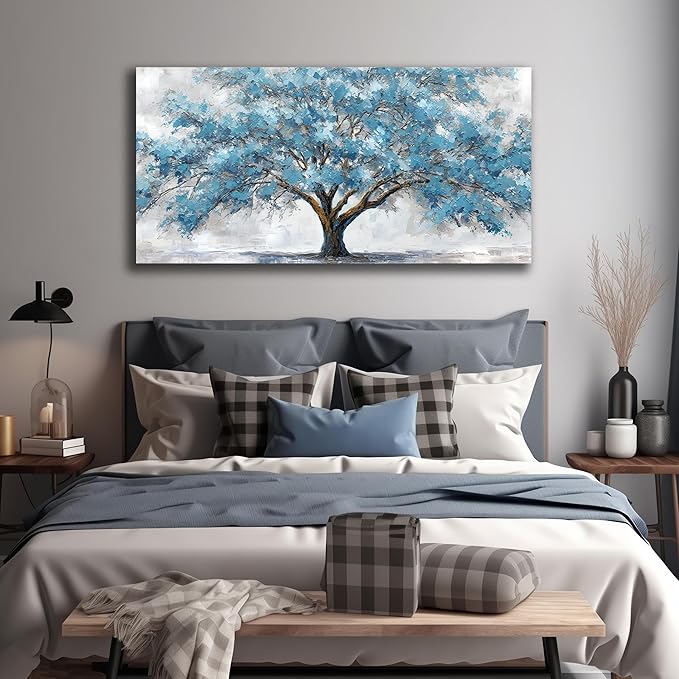 JuhaiArt Tree Wall Decor Teal Wall Art for Living Room Home Office White Canvas Art Large Artwork modern Prints 29" x 59"