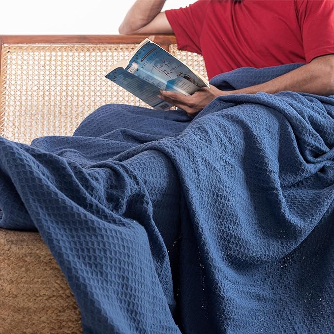 Salt Earth Organic Cotton Throw Blanket, King, 106"X92" Waffle Throws for Home, Bedrooms, Outdoor & Office Couch, Modern & Cozy Bed Room Decor Blankets,Lightweight All Season Western Blanket (Navy)