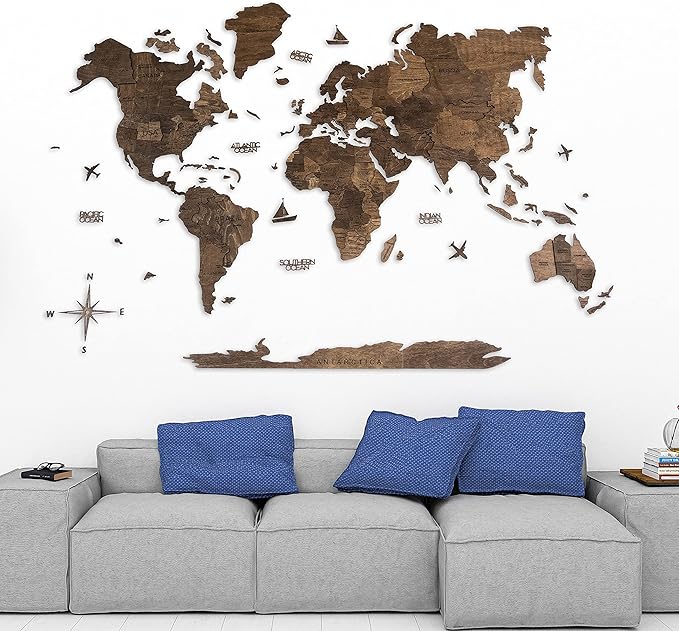 Handmade 3D Wood World Map Wall Art Large Wall Decor Track Your World Travels - Special for Home, Kitchen and Office (Medium, Walnut)