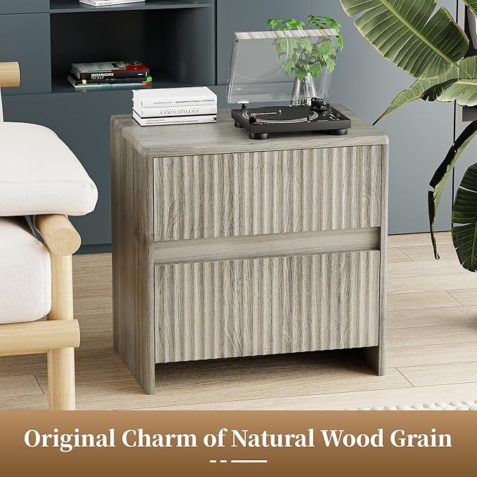 Fleuted Nightstand Set of 2, 23" Wood Bedside Table with 2 Storage Drawers, Modern Night Stand for Bedroom, Office, Grey