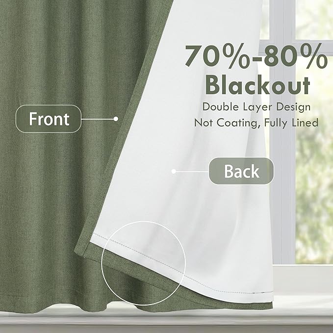 DriftAway Double Layer Linen Blackout Tie Up Curtains Thermal Insulated Fully Lined Balloon Roman Shade Bathroom Window Adjustable Rod Pocket for Small Window 45 Inch by 63 Inches Olive Green
