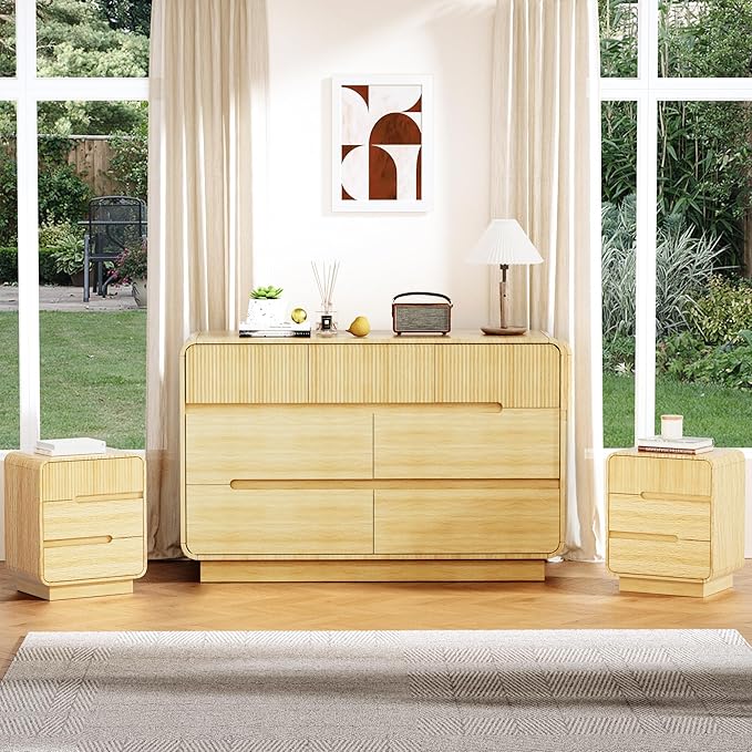7 Drawer Dresser and 2 Nightstand Sets for Bedroom 3 Pcs Bedroom Set, Modern 47.2" Fluted Dresser with Invisible Handles Nightstand Charging Station, Bedroom Furniture Set for Living Room, Natural