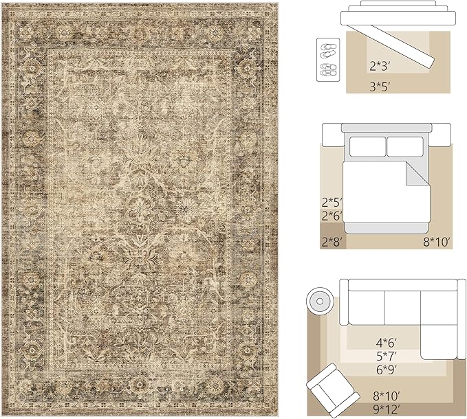FMFUNCTEX 8x10 Washable Area Rug Brown Vintage Neutral Distressed Large Non Slip Carpet for Living Room Bedroom Soft Low Pile Indoor Mat Retro Floral Throw Rug for Dining Room Kitchen Office Nursery