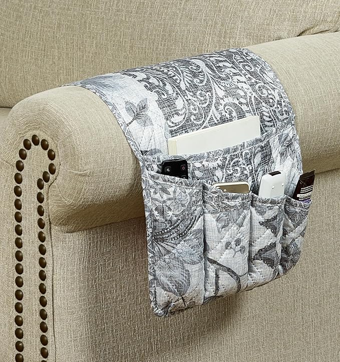 Brilliant Sunshine Grey Flowers Patchwork Couch Armrest 5 Pockets Organizer, Slip Resistant Recliner Armchair Caddy, Washable Remote Controls Holder, Storage for Magazine, Tablet, Phone, iPad, Grey