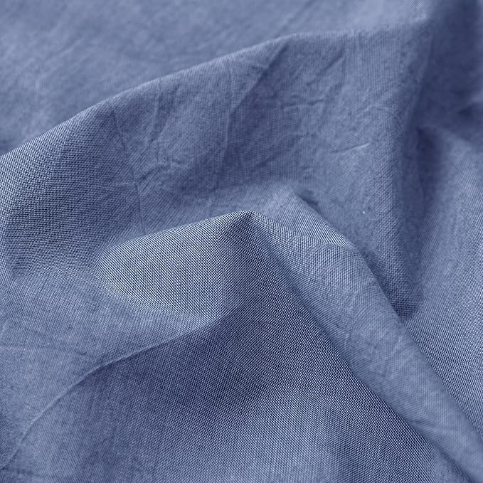 MooMee Fitted Bottom Sheet Only 100% Washed Cotton Linen Like Textured Breathable Durable Soft Comfy Deep Pocket Fits Mattress up to 17" (Blue, Queen) New