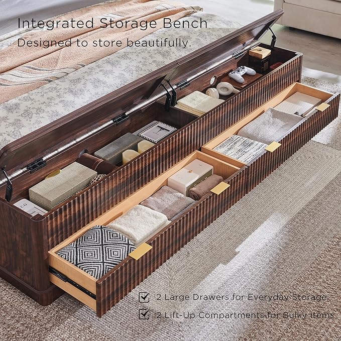 T4TREAM Fluted King Size Bed Frame with Wingback Headboard, Footboard Storage Bench with Built-in Drawers & Lift-Up Compartments, Wood & Steel Platform Bed, No Box Spring Needed, Dark Walnut