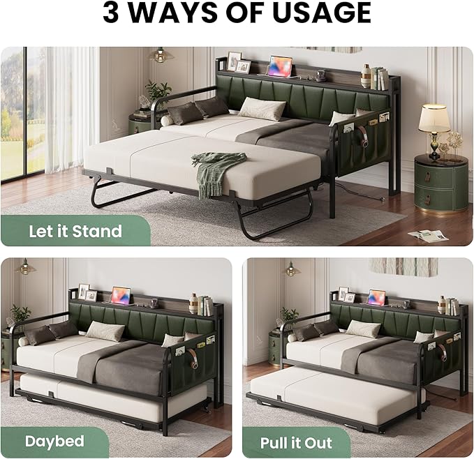 LIKIMIO Daybed with Trundle Bed, Twin XL Bed Frame with Storage Headboard and Charging Station, Sofa Day Bed with Strong Supports for Living Room, Bedroom, and Guest Room, Green
