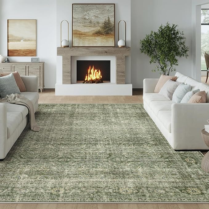 FMFUNCTEX 6x9 Washable Area Rug Green Vintage Neutral Distressed Large Non Slip Carpet for Living Room Bedroom Soft Low Pile Indoor Mat Retro Throw Rug for Dining Room Kitchen Office Nursery