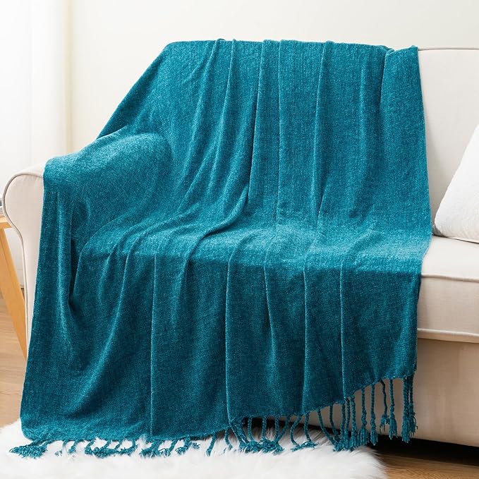 BATTILO HOME Teal Blue Throw Blanket for Couch, Bed, Sofa - Soft Cozy Chenille Throw Blanket with Fringe Tassels, Lightweight Turquoise Green Knit Throw for Home Decor, 50"x60"