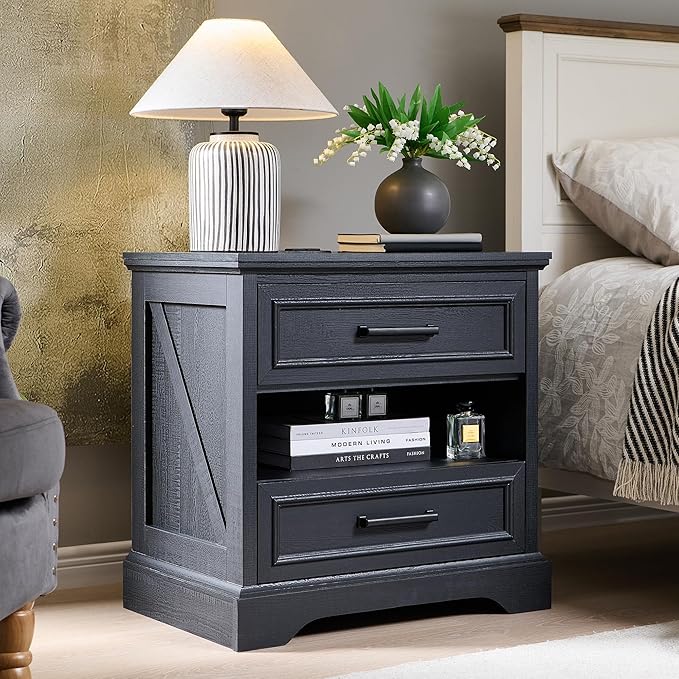 ACCOHOHO 24" Farmhouse Nightstand Set of 2 with Charging Station, 2 Drawers Large Bedside Table with Open Shelf, Rustic End Table for Bedroom - Black