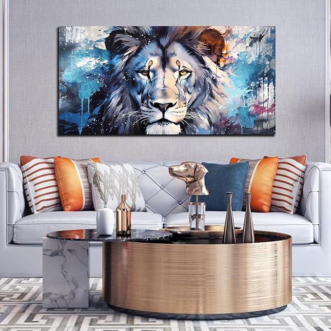 ENTANUB Large Wall Art for Living Room, Lion Canvas Print Painting for Bedroom, Blue Animal Picture Decor, Size 60x30 Inches