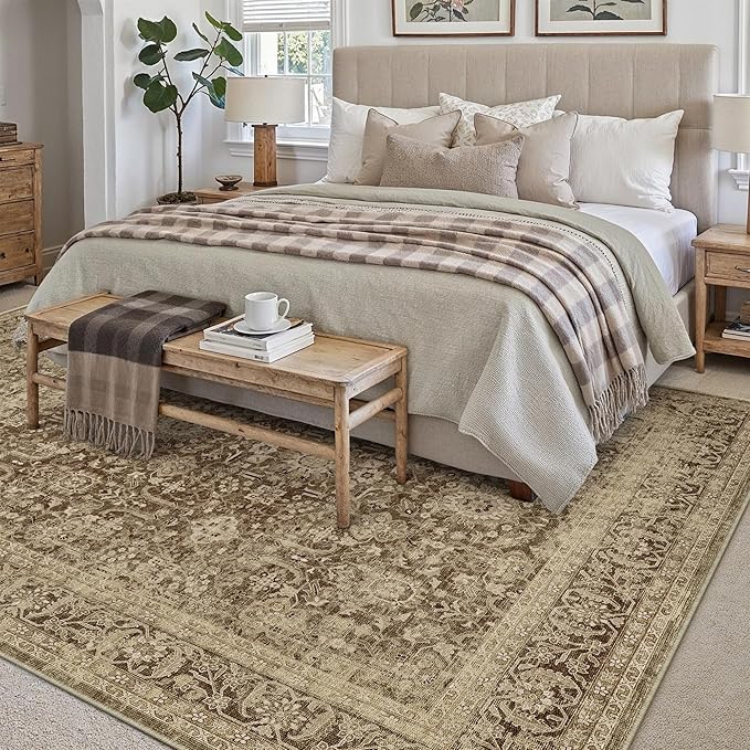 Brown 6x9 Area Rug Non Slip Vintage Living Room Distressed Machine Washable Carpet Retro Indoor Bedroom Traditional Floral Accent Throw Rug for Office Kitchen Dorm Dining Room