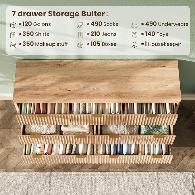 54'' Wide 7 Drawers Dresser for Bedroom,Modern Fluted Vertical Chest with Rounded Corners,Fluted Dresser for Living Room,Hallway, Natural Wood