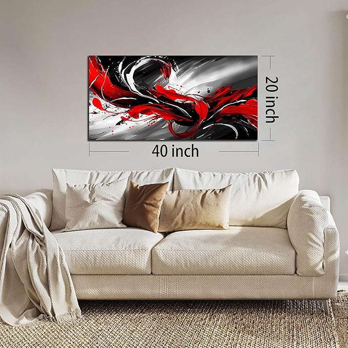 Black White and Red Abstract Print Picture Painting Large Canvas Wall Art for Living Room Bedroom Framed Canvas Wall Decor Modern Room Abstract Wall Decorations Artwork Size 20x40 Ready to Hang