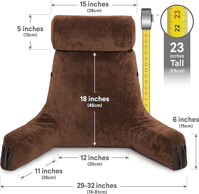 Husband Pillow Medium Chocolate, Backrest for Kids, Teens, Petite Adults - Reading Pillows with Arms, Adjustable Loft, Plush Memory Foam, Bed Rest Chair Sitting Up, Detach Neck Roll, Removable Cover