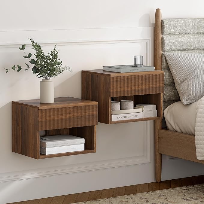 Floating Nightstand Set of 2 with Drawer, Fluted Modern Night Stand with Fluted Door and Open Storage Shelf Wall Mounted Bedside Table for Bedroom, Entryway Brown