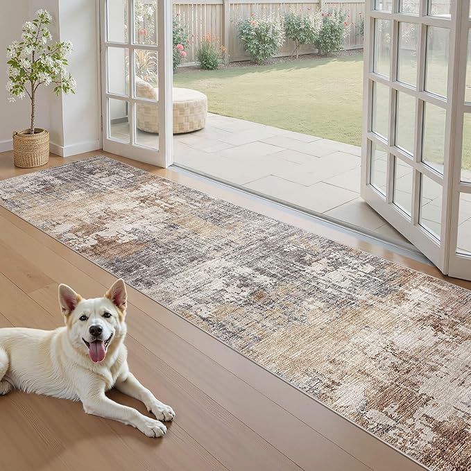Washable Runner Rug for Hallway: 2.6x10 Neutral Modern Abstract Low Pile Area Rug with Non-Slip Backing - Carpet for Bedroom Kitchen Laundry Entryway Bathroom Indoor - Grey Brown