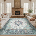 Area Rugs Square 8ft Washable Non-Slip, Floral Vintage Distress Print Pattern Medallion Carpet for Living Room Bedroom Dining Room, Green Navy Blue White Red Teal Colorful